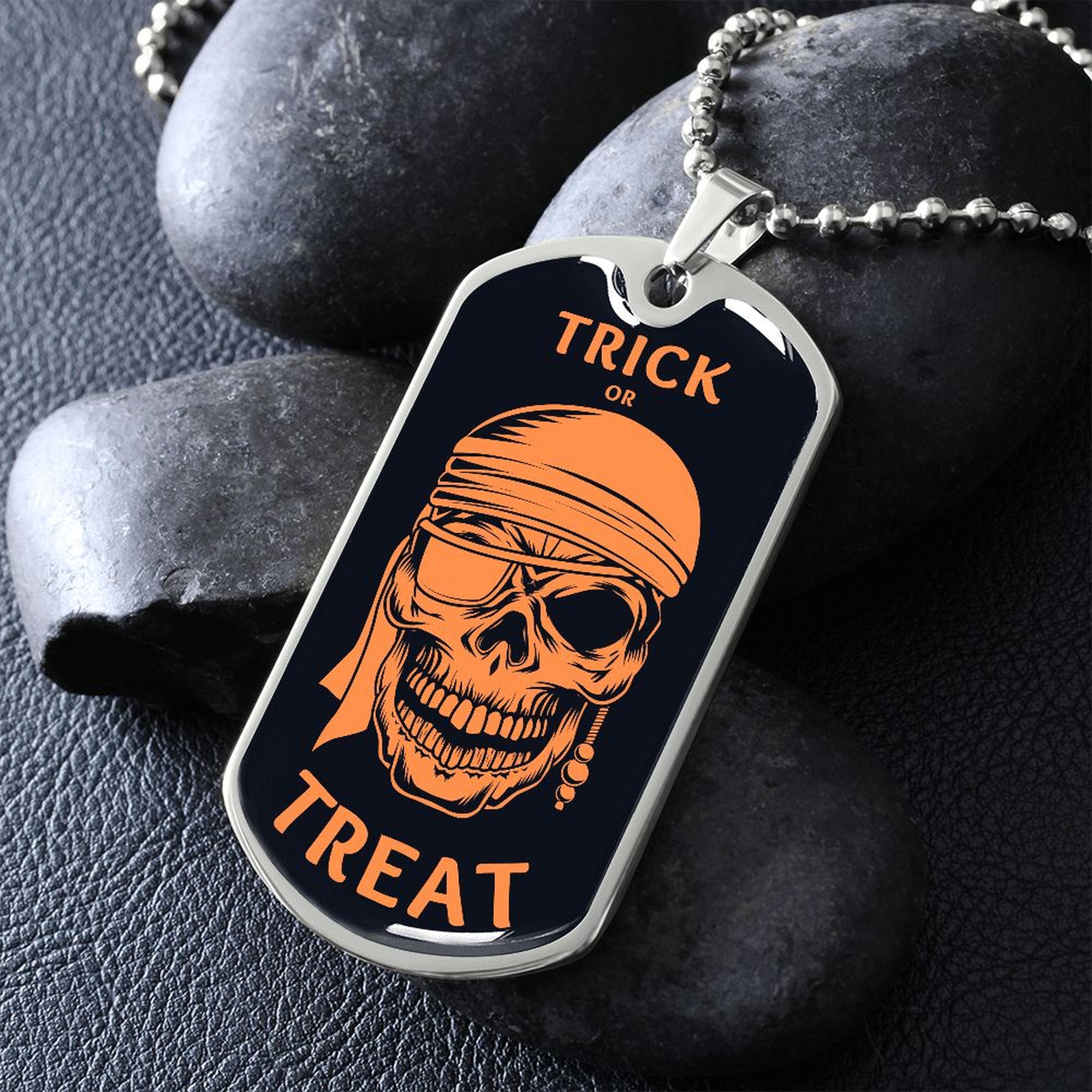 Silver Trick or Treat pirate skull dog tag necklace propped on dark river rocks