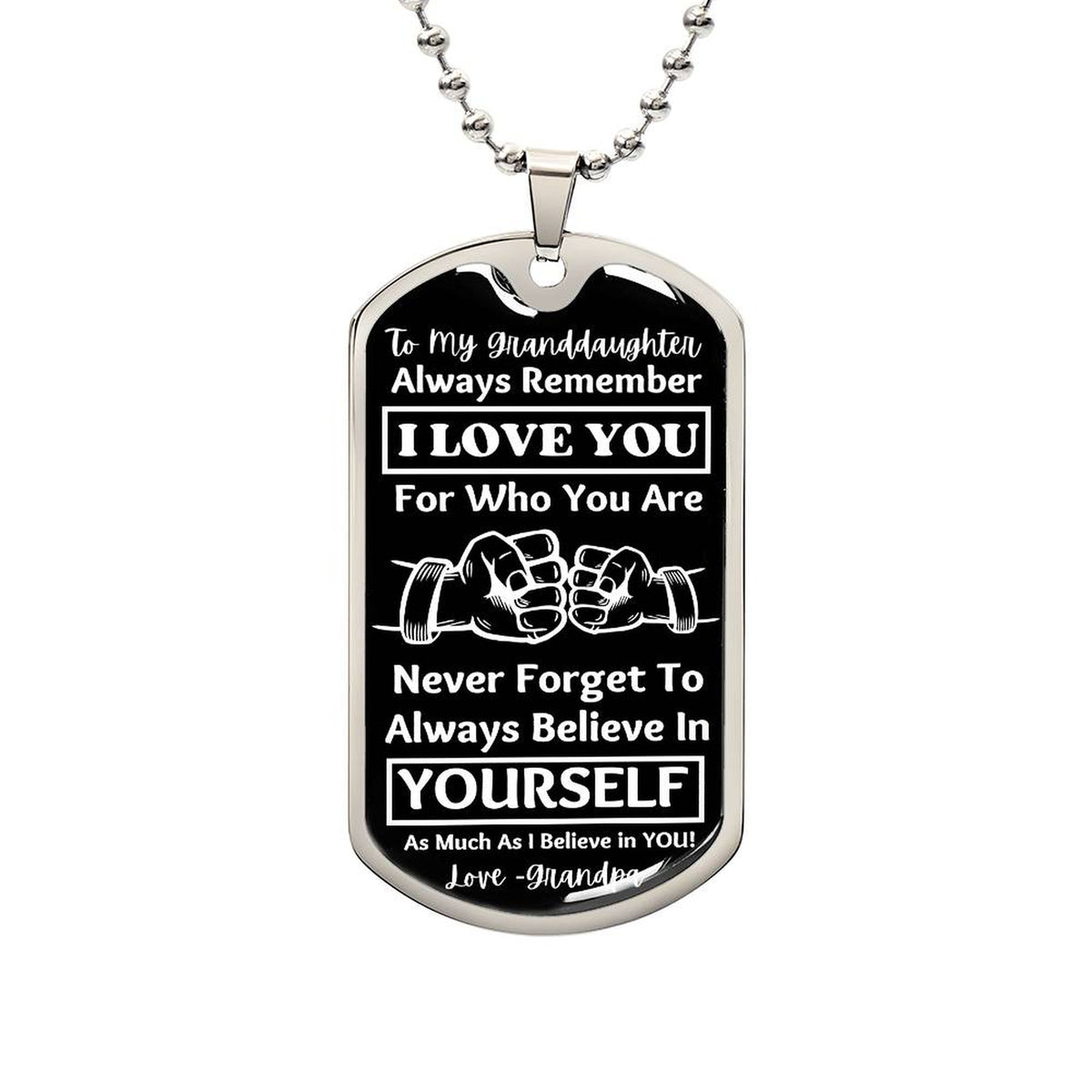 Silver To My Granddaughter dog tag necklace on a ball chain