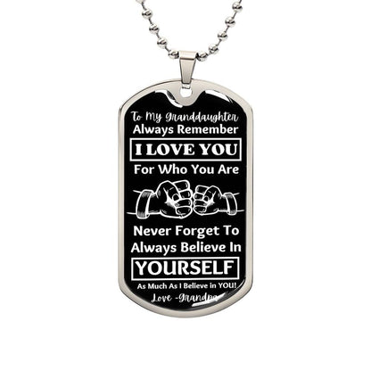 Silver To My Granddaughter dog tag necklace on a ball chain