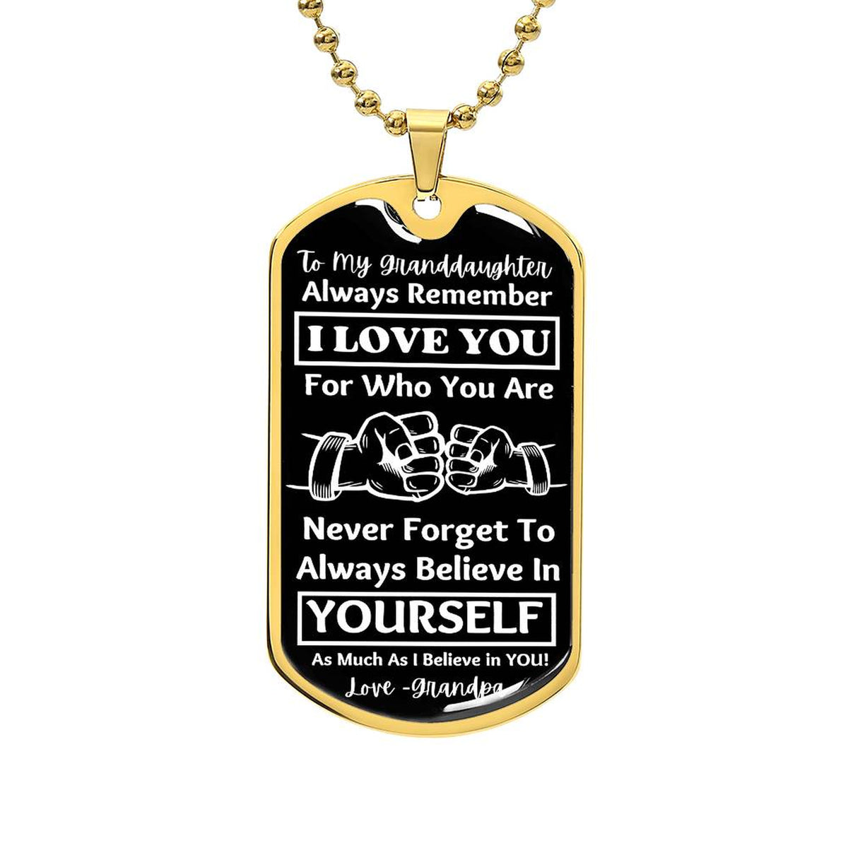 Gold-finish To My Granddaughter dog tag necklace on a ball chain