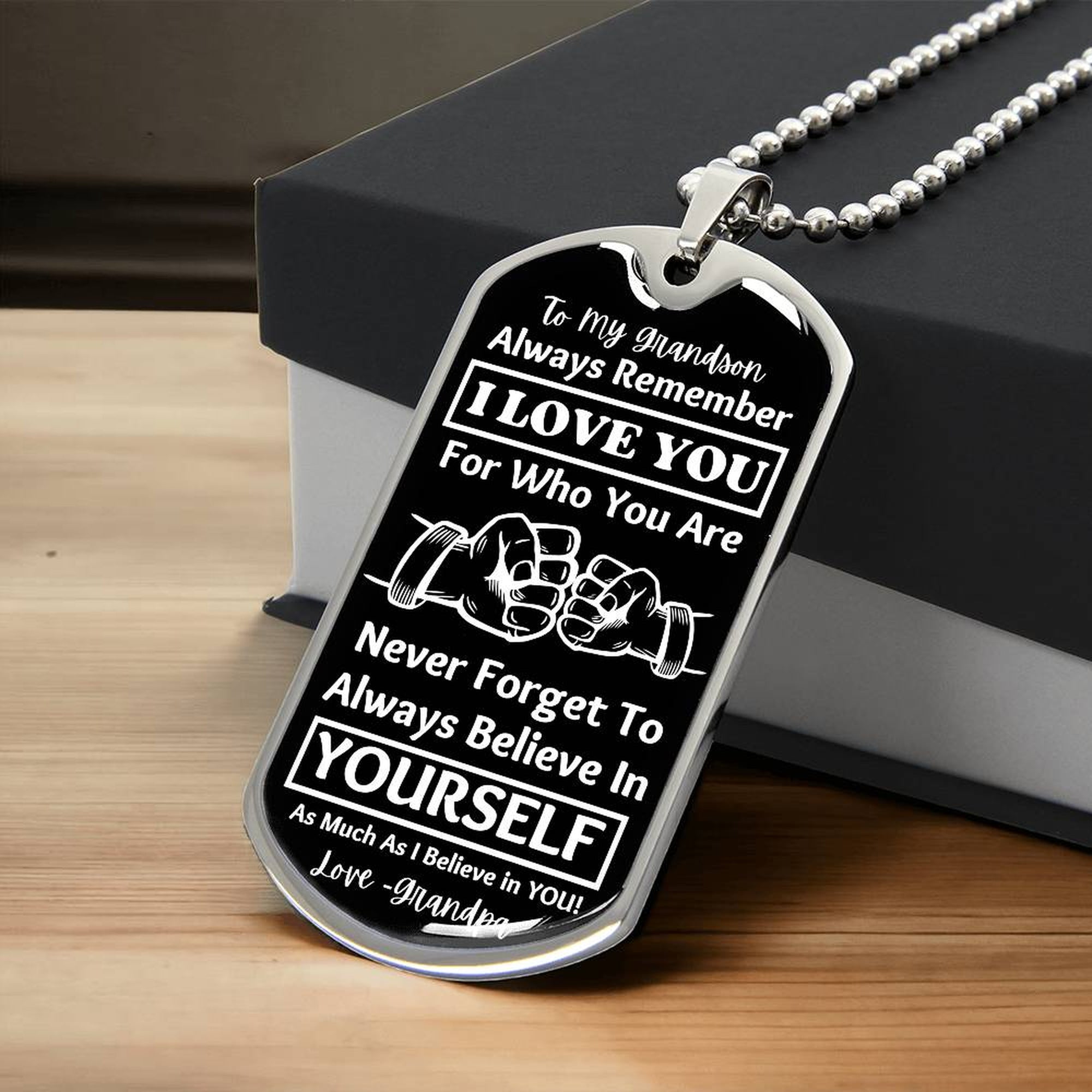 To My Grandson, From Grandpa Dog Tag – silver dog tag necklace resting on a gift box