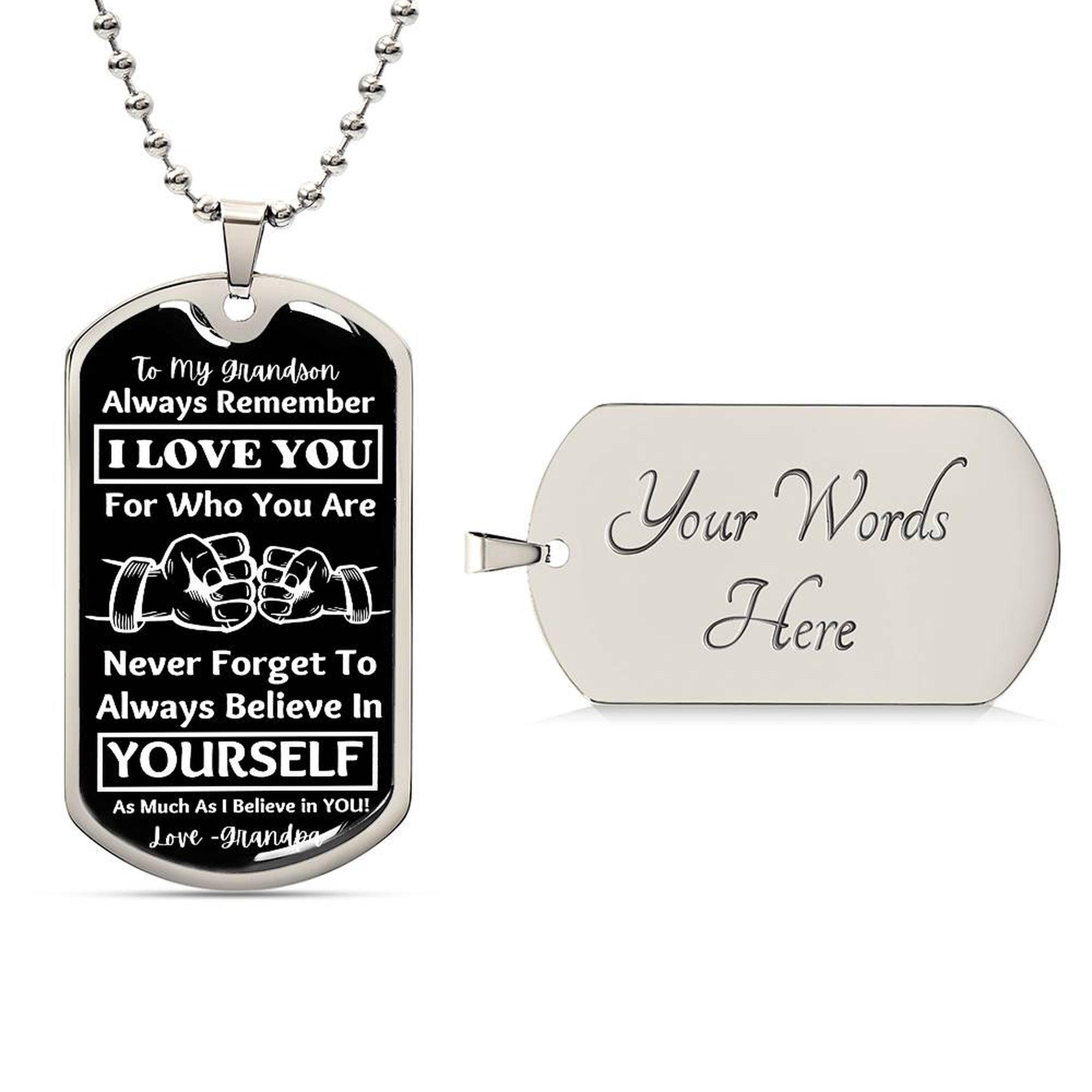 To My Grandson, From Grandpa Dog Tag – silver dog tag with optional custom engraving on the back