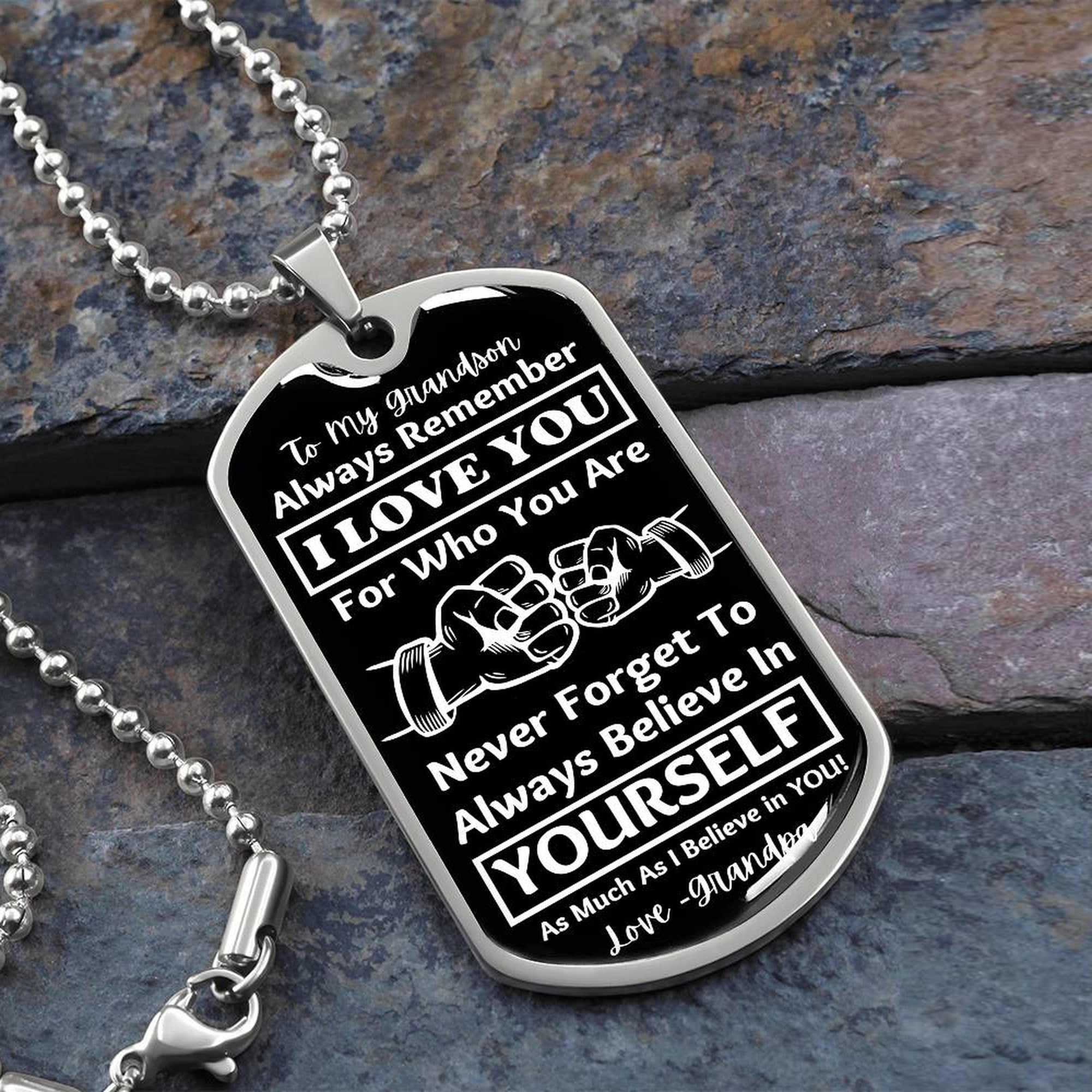 To My Grandson, From Grandpa Dog Tag – silver dog tag necklace on slate with military ball chain
