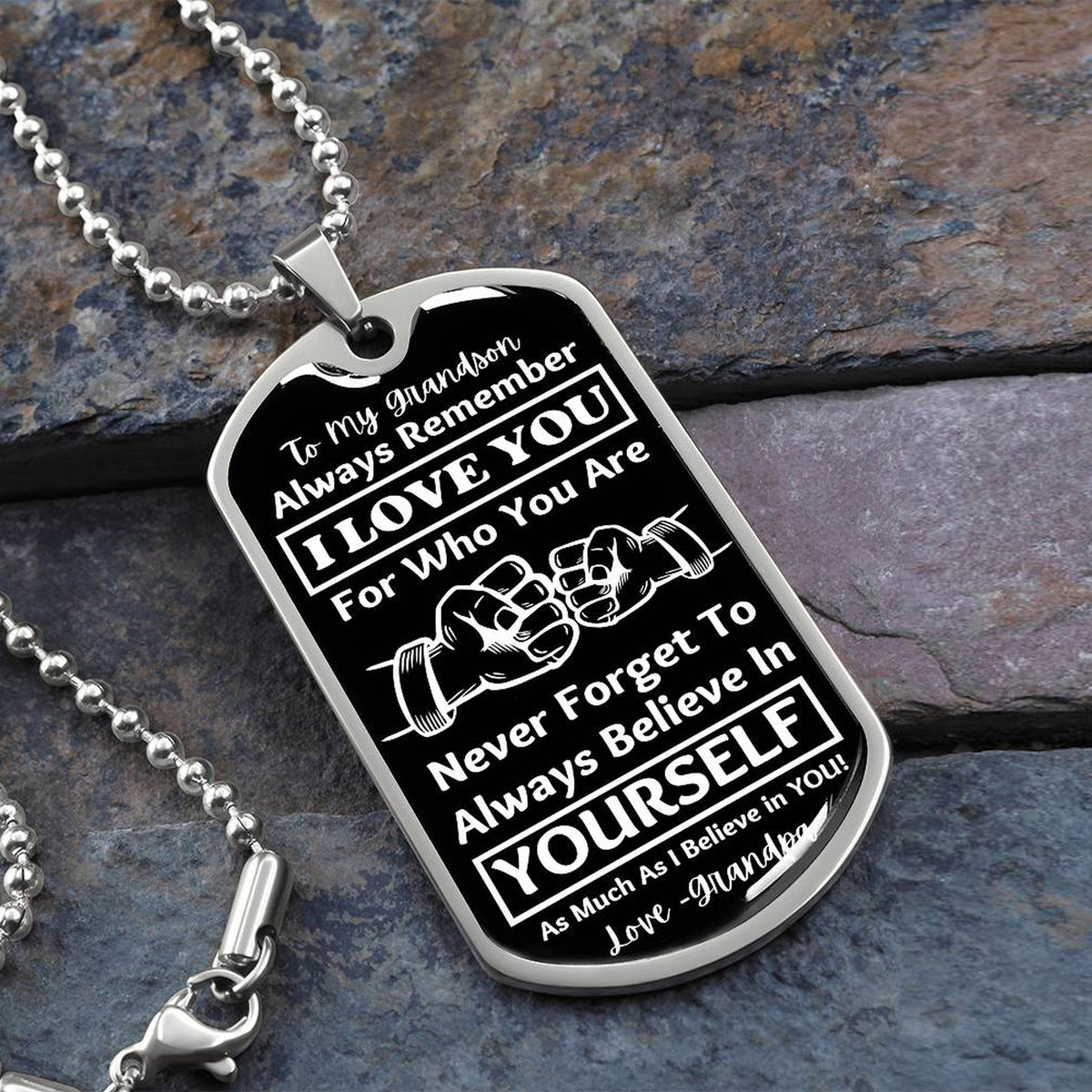 To My Grandson, From Grandpa Dog Tag – silver dog tag necklace on slate with military ball chain