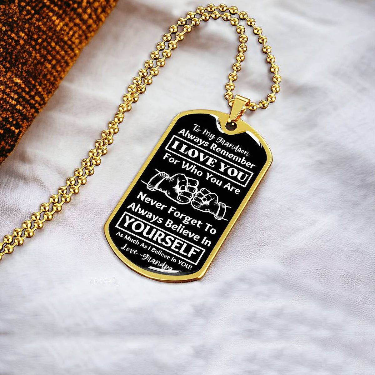 To My Grandson, From Grandpa Dog Tag – 18k gold finish dog tag necklace on soft fabric