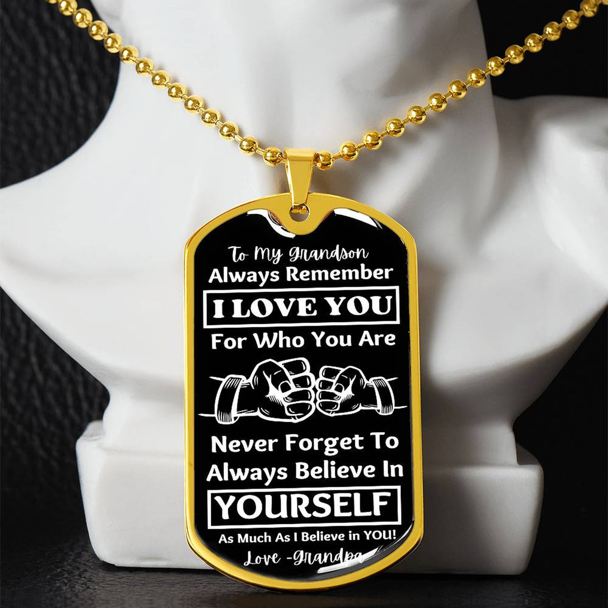 To My Grandson, From Grandpa Dog Tag – gold dog tag necklace displayed on a bust