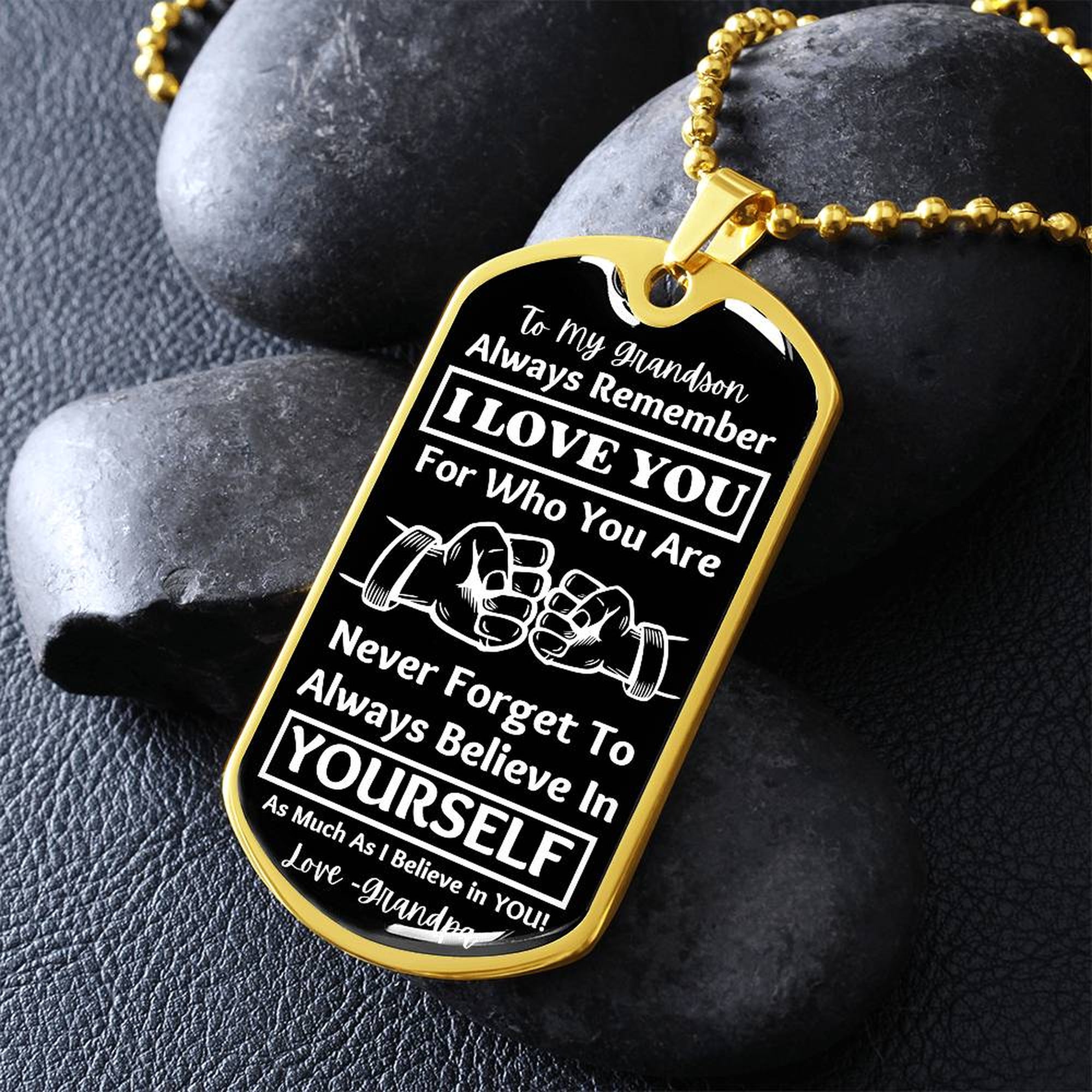 To My Grandson, From Grandpa Dog Tag – gold dog tag necklace on dark stones