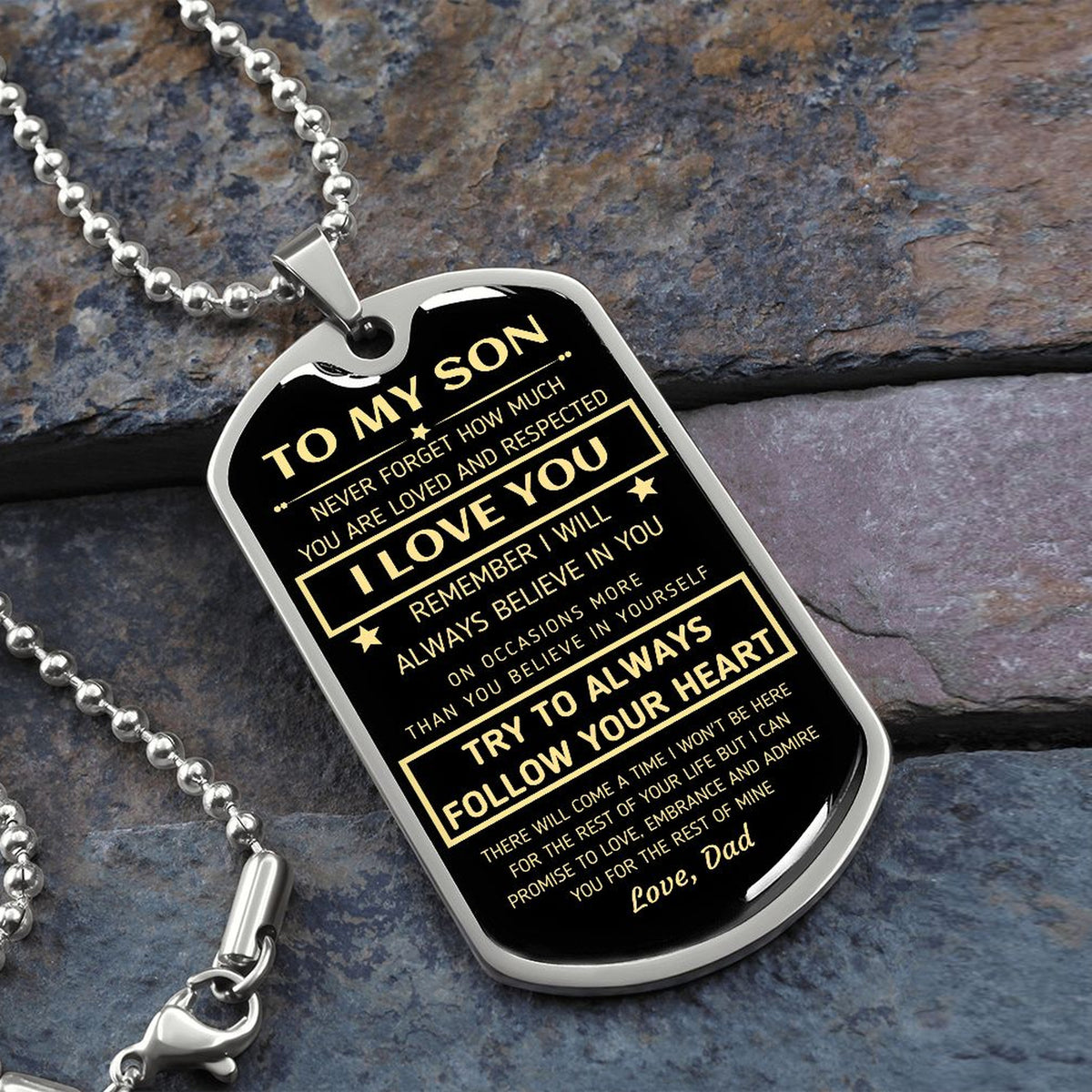 Silver To My Son dog tag necklace on slate stone