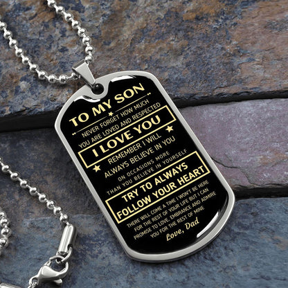 Silver To My Son dog tag necklace on slate stone