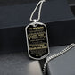 Silver To My Son dog tag hanging over a black gift box