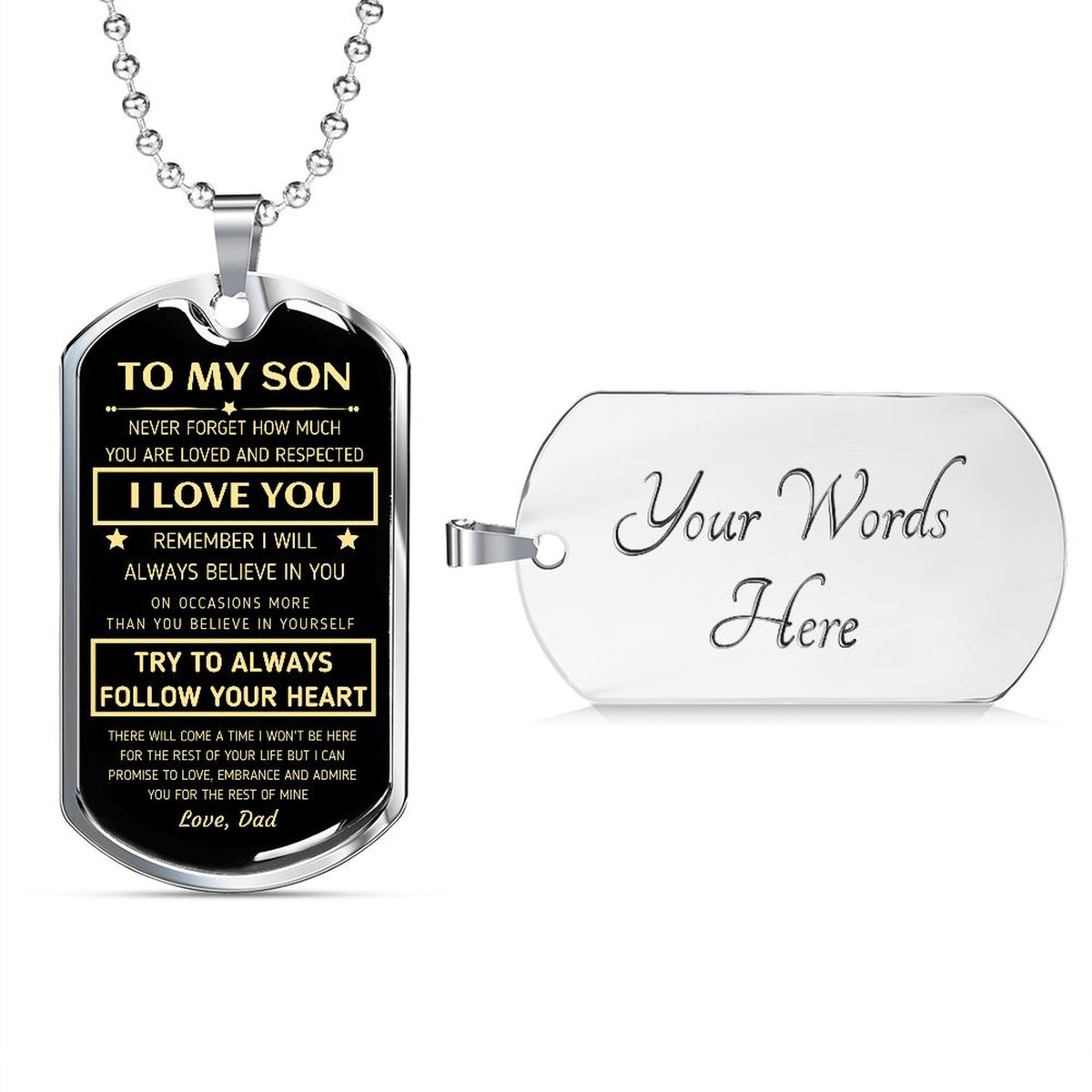 Front of the silver To My Son tag beside an engravable back reading Your Words Here