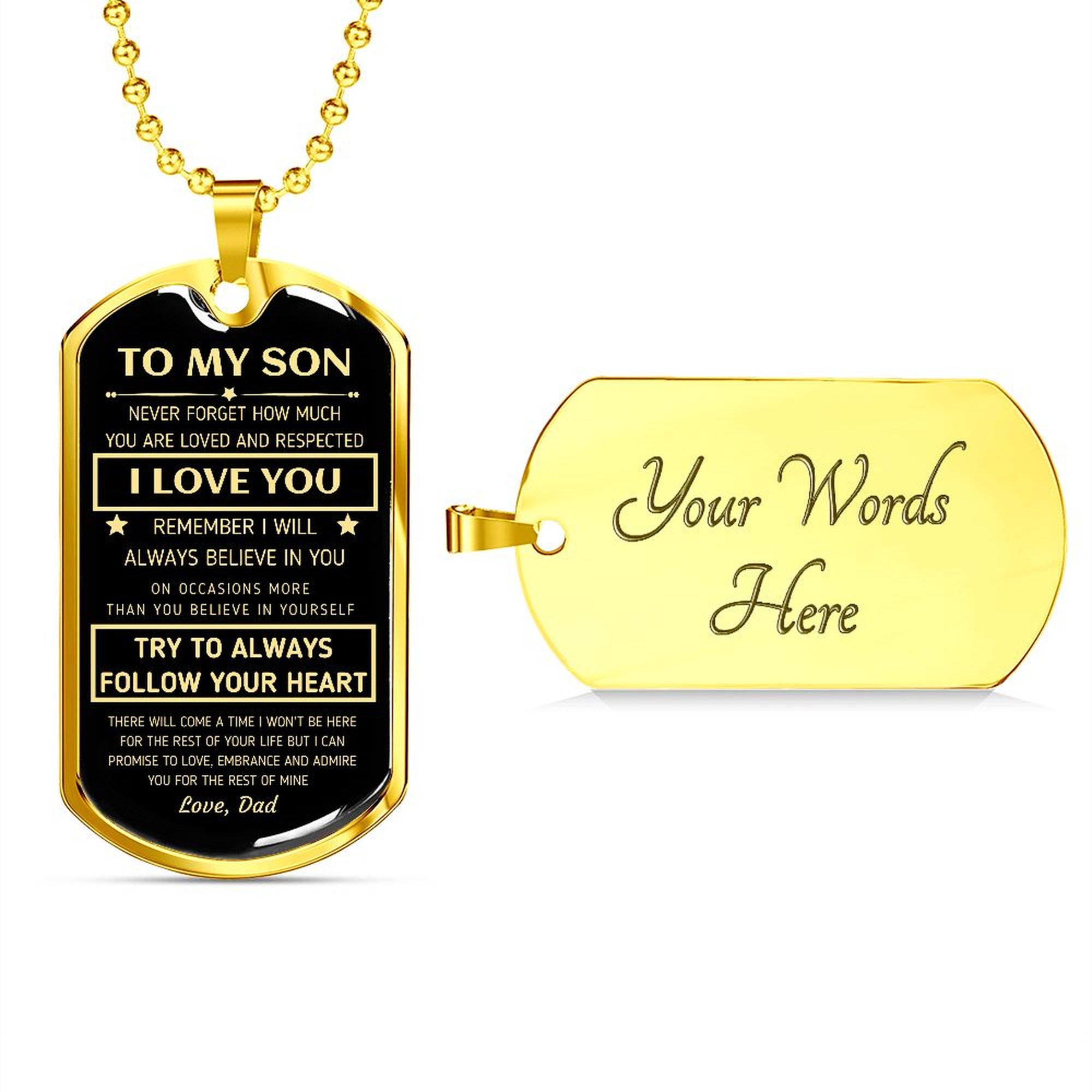 Gold-finish To My Son dog tag hanging over a black gift box