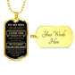 Gold-finish To My Son dog tag hanging over a black gift box