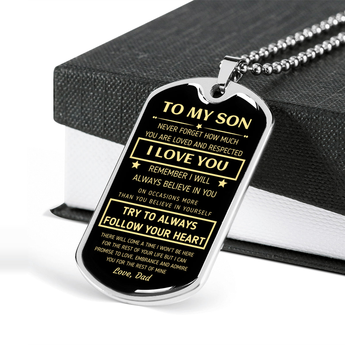Front of the gold To My Son tag beside an engravable gold back reading Your Words Here