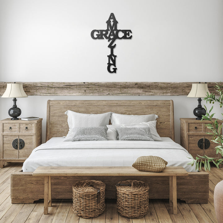 Black Amazing Grace cross above a bed