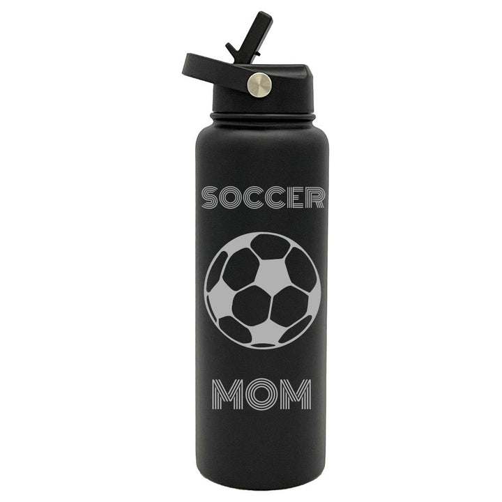 Black water bottle engraved Soccer Mom with a soccer ball