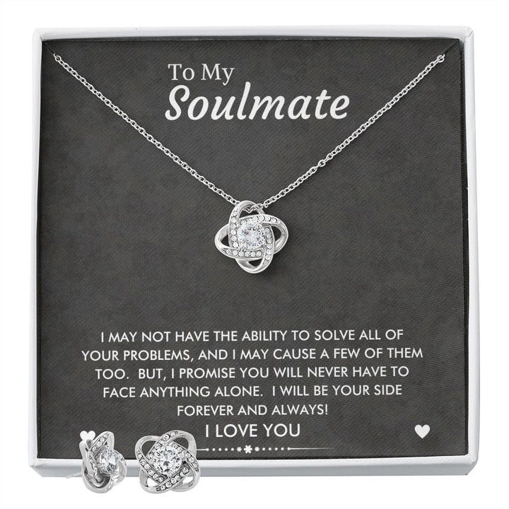 To My Soulmate love knot earring and necklace set in 14k white gold on its message card